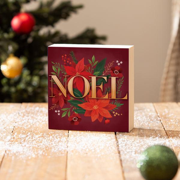 Plow & Hearth Holiday Poinsettia Wood Sign Plock "Noel" 6"x6”