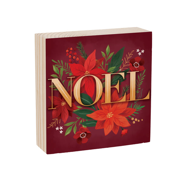 Plow & Hearth Holiday Poinsettia Wood Sign Plock "Noel" 6"x6”
