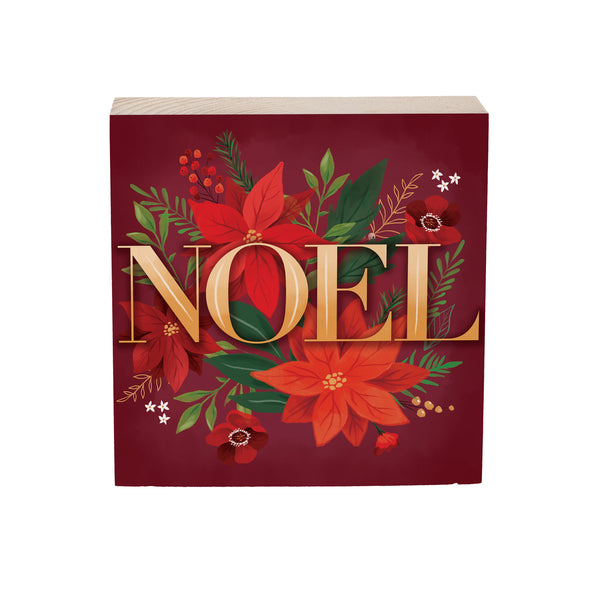 Plow & Hearth Holiday Poinsettia Wood Sign Plock "Noel" 6"x6”