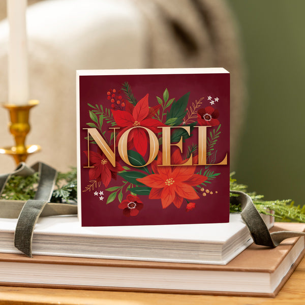 plow & hearth Holiday Poinsettia Wood Sign Plock "Noel" 6"x6”