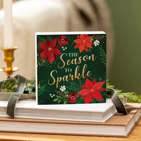 Plow & Hearth Holiday Poinsettia Wood Sign Plock "The Season To Sparkle" 6"x6”
