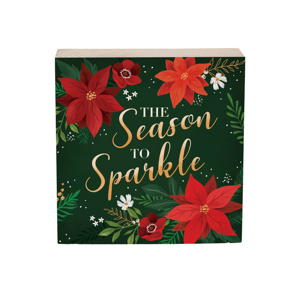 Plow & Hearth Holiday Poinsettia Wood Sign Plock "The Season To Sparkle" 6"x6”