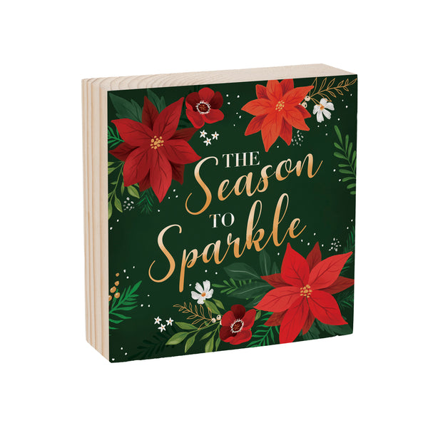 Plow & Hearth Holiday Poinsettia Wood Sign Plock "The Season To Sparkle" 6"x6”