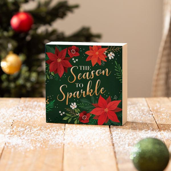 plow & hearth Holiday Poinsettia Wood Sign Plock "The Season To Sparkle" 6"x6”