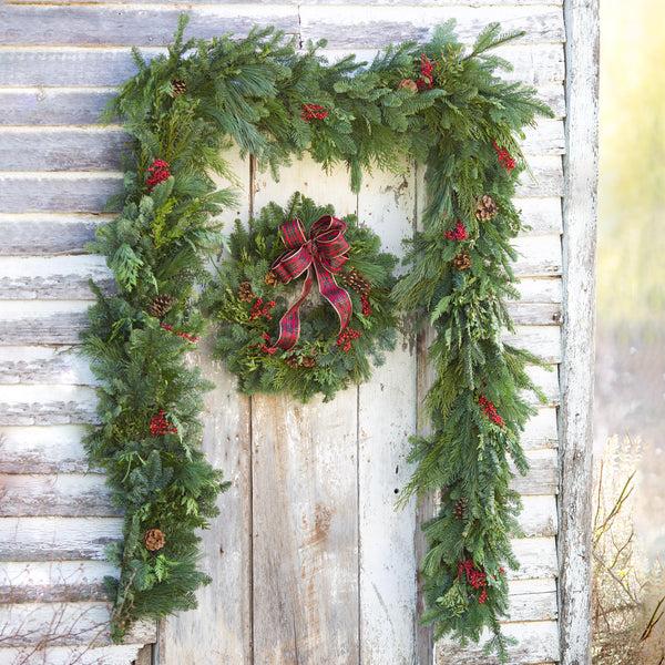 Plow & Hearth Holiday Woodland Evergreens 24"Wreath With Bow