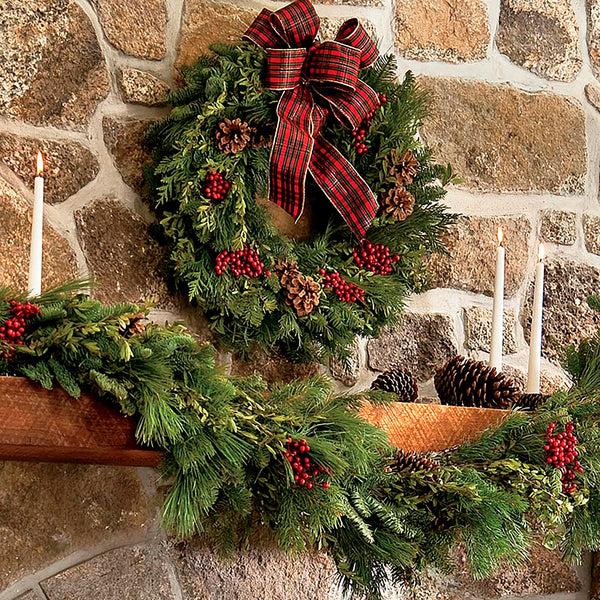 plow & hearth Holiday Woodland Evergreens 24"Wreath With Bow