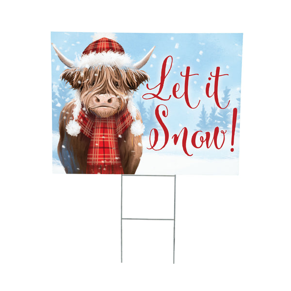Plow & Hearth Holly Homestead Highland Cow Yard Sign "Let It Snow" 24"x18"