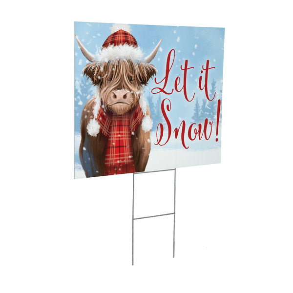 Plow & Hearth Holly Homestead Highland Cow Yard Sign "Let It Snow" 24"x18"