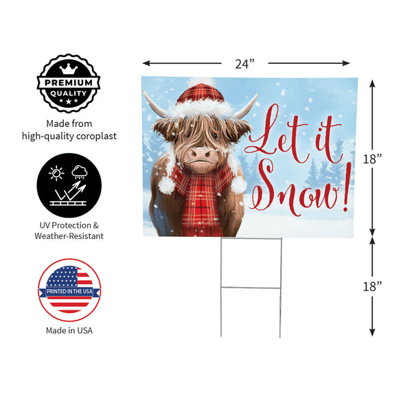 Plow & Hearth Holly Homestead Highland Cow Yard Sign "Let It Snow" 24"x18"