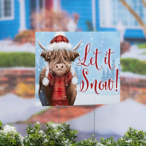 plow & hearth Holly Homestead Highland Cow Yard Sign "Let It Snow" 24"x18"