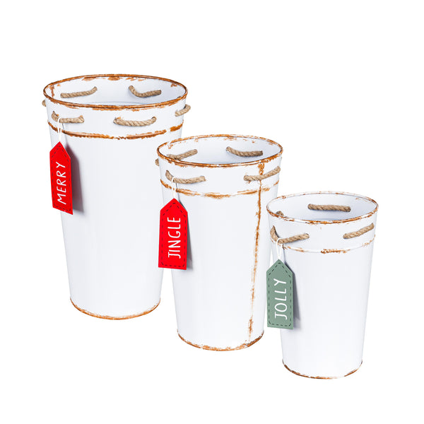 Plow & Hearth Holly Homestead Planter French Bucket With Holiday Tag Set Of 3