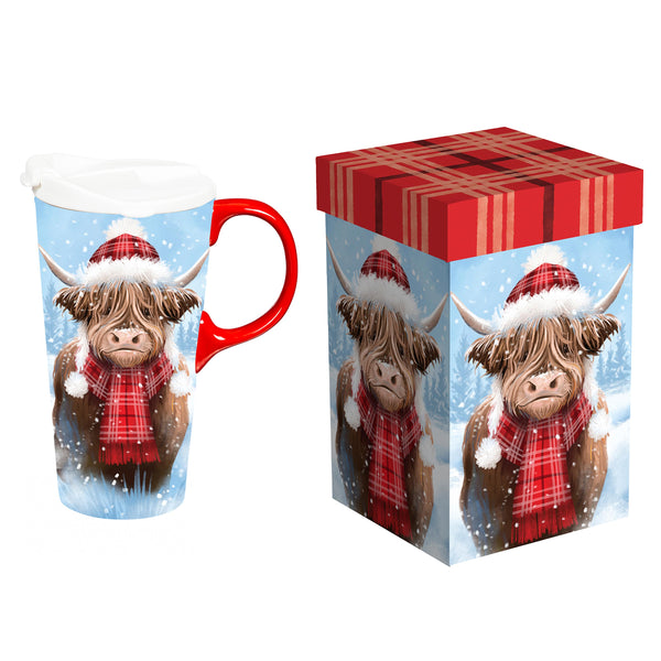 Plow & Hearth Holly Homestead Travel Cup Ceramic Perfect Cup Highland Cow 17oz Gift Box