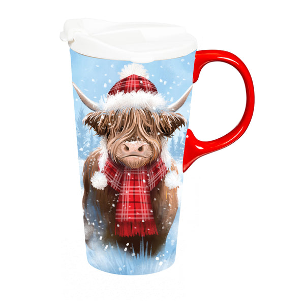 Plow & Hearth Holly Homestead Travel Cup Ceramic Perfect Cup Highland Cow 17oz Gift Box