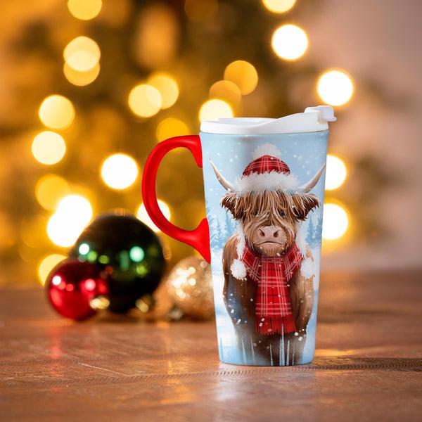 plow & hearth Holly Homestead Travel Cup Ceramic Perfect Cup Highland Cow 17oz Gift Box