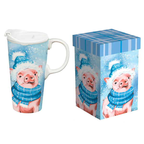 Plow & Hearth Holly Homestead Travel Cup Ceramic Perfect Cup Pig 17oz Gift Box