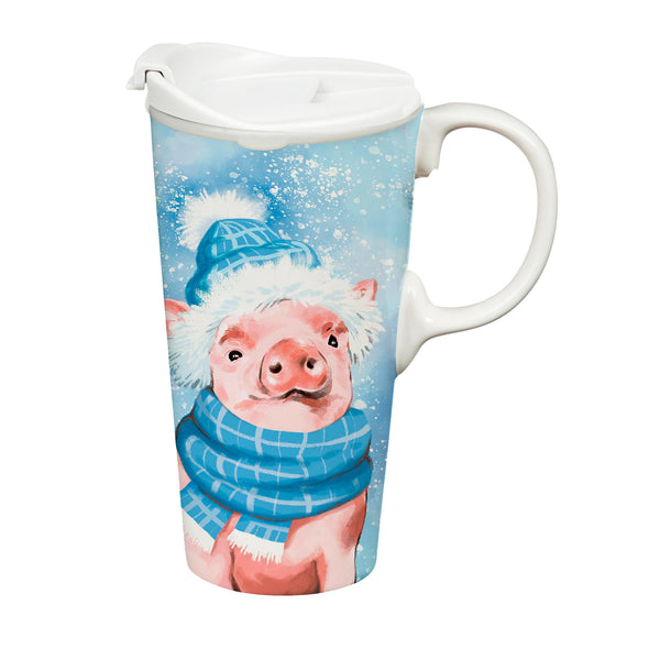 Plow & Hearth Holly Homestead Travel Cup Ceramic Perfect Cup Pig 17oz Gift Box
