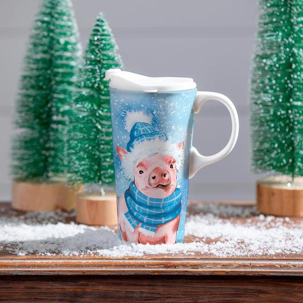 plow & hearth Holly Homestead Travel Cup Ceramic Perfect Cup Pig 17oz Gift Box