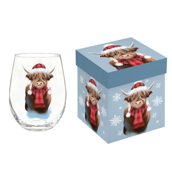 Plow & Hearth Holly Homestead Wine Glass Stemless Glass Highland Cow 17oz Gift Box