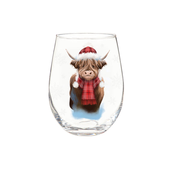 Plow & Hearth Holly Homestead Wine Glass Stemless Glass Highland Cow 17oz Gift Box