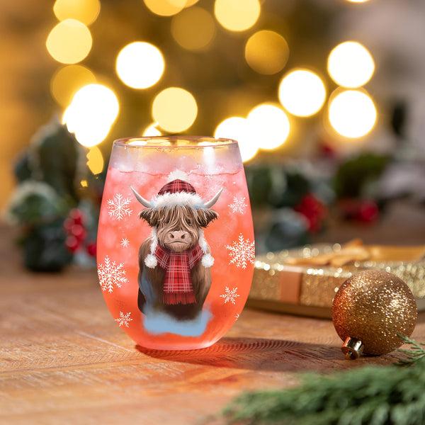 plow & hearth Holly Homestead Wine Glass Stemless Glass Highland Cow 17oz Gift Box