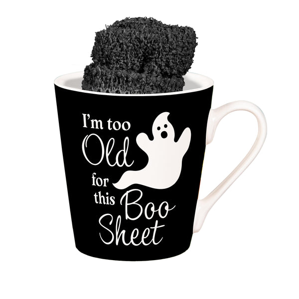 Plow & Hearth I'm Too Old For This Boo Sheet Ceramic Flare Cup And Black Socks Gift Set 12oz Gift Box