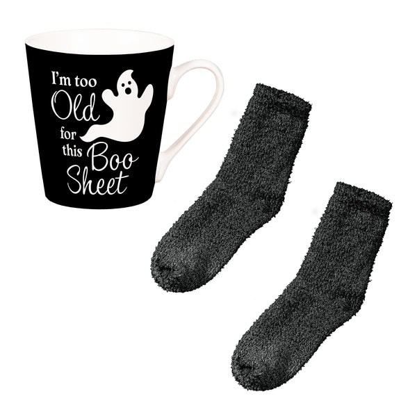 Plow & Hearth I'm Too Old For This Boo Sheet Ceramic Flare Cup And Black Socks Gift Set 12oz Gift Box