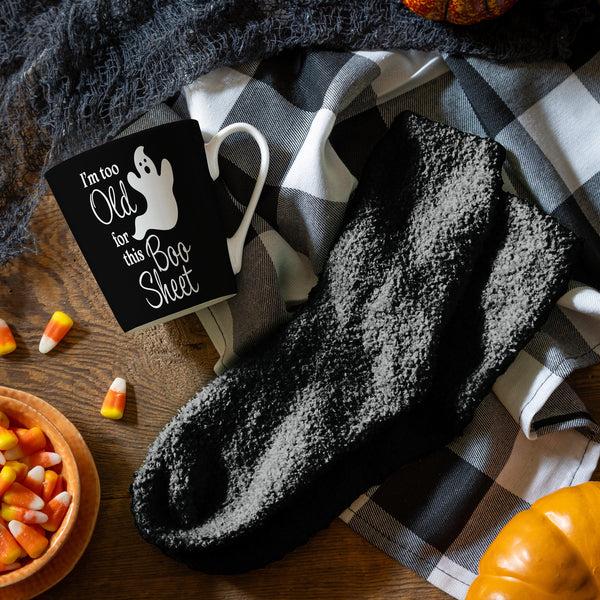 plow & hearth I'm Too Old For This Boo Sheet Ceramic Flare Cup and Black Socks Gift Set 12oz Gift Box
