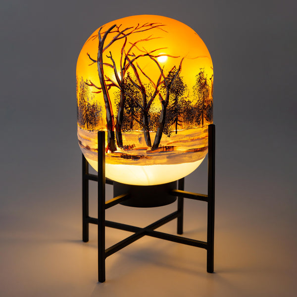 Plow & Hearth Illuminated Harvest Scene Glass Lantern On Metal Stand