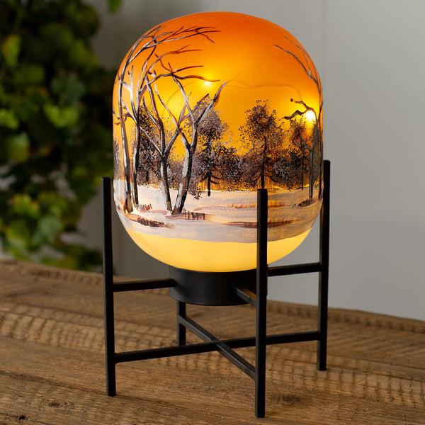 plow & hearth Illuminated Harvest Scene Glass Lantern on Metal Stand