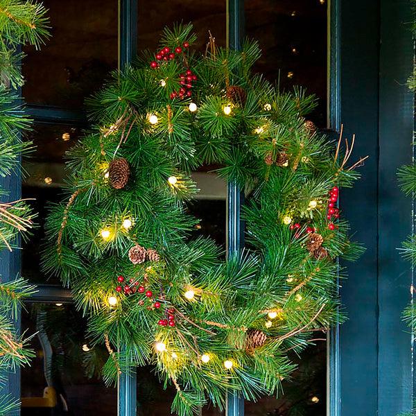 plow & hearth Indoor/Outdoor Blue Ridge Wreath with Battery-Operated Dual-Function Lights 24" dia