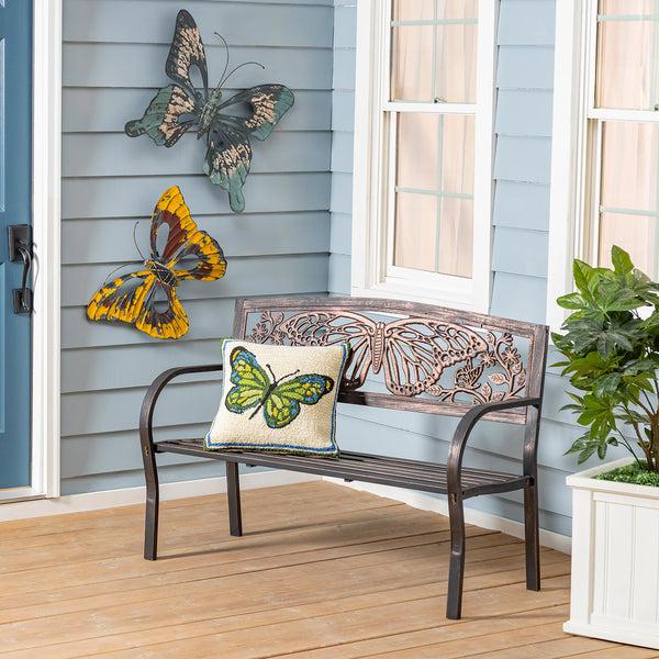 Plow & Hearth Indoor/Outdoor Green Butterfly Hooked Polypropylene Throw Pillow 18"x18"
