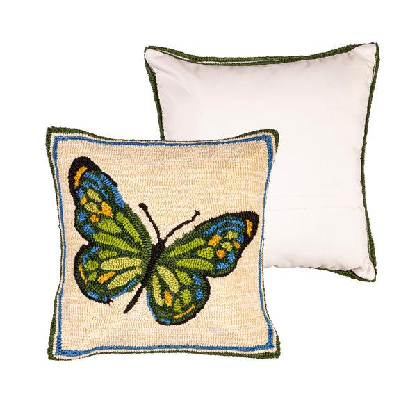 Plow & Hearth Indoor/Outdoor Green Butterfly Hooked Polypropylene Throw Pillow 18"x18"