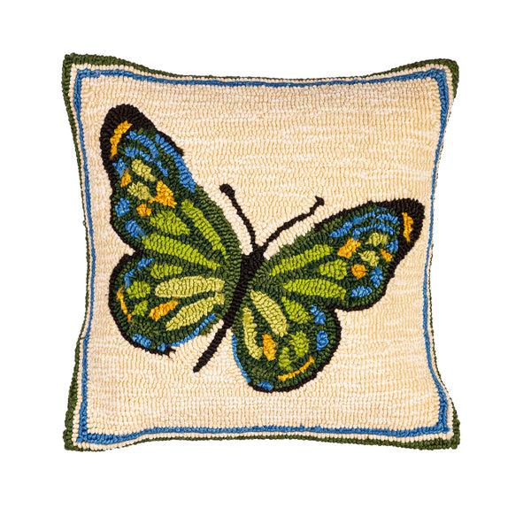 plow & hearth Indoor/Outdoor Green Butterfly Hooked Polypropylene Throw Pillow 18"x18"