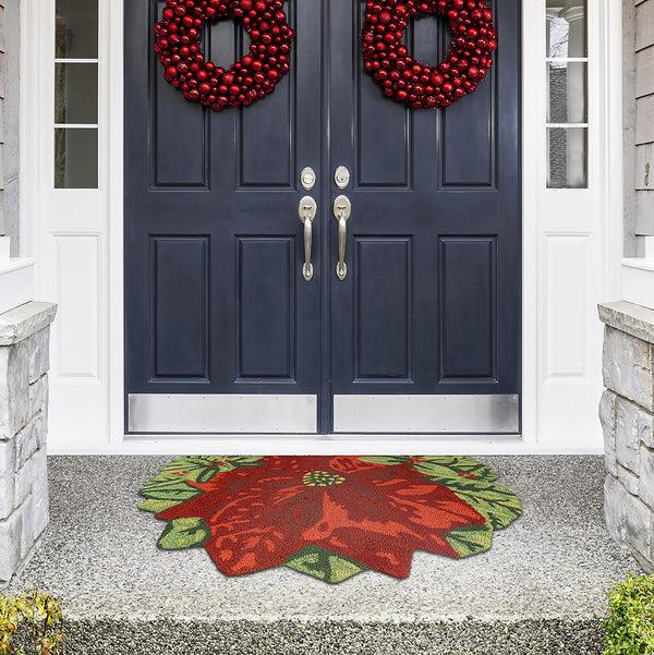 plow & hearth Indoor/Outdoor Hand-Hooked Poinsettia Accent Rug 3' Round