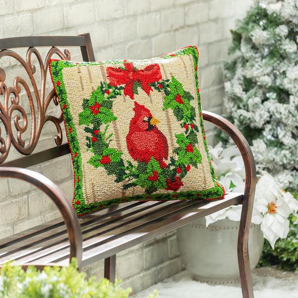 plow & hearth Indoor/Outdoor Hooked Pillow Cardinal Joy Polypropylene 18"x18"