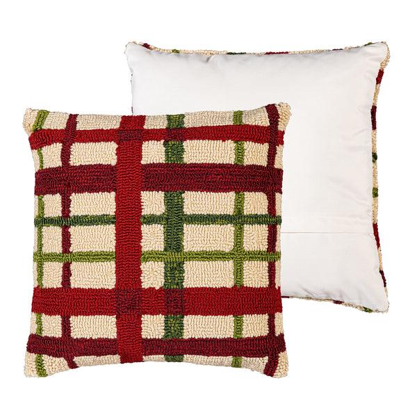 Plow & Hearth Indoor/Outdoor Hooked Pillow Christmas Plaid Polypropylene 18"x18"