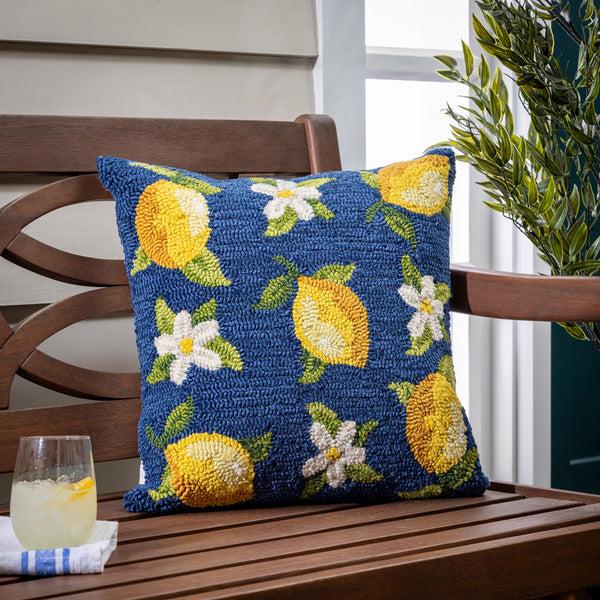 plow & hearth Indoor/Outdoor Hooked Polypropylene Lemon Blossoms Throw Pillow 18"x18"