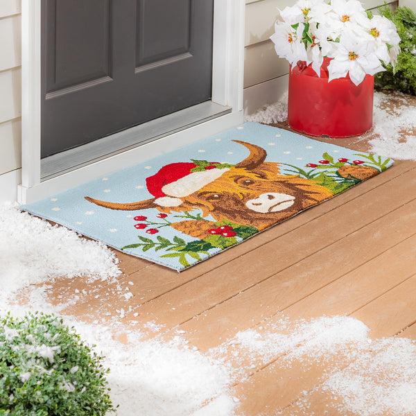 plow & hearth Indoor/Outdoor Hooked Rug Highland Cow Polypropylene 24"x42"