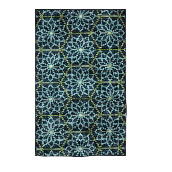 plow & hearth Indoor/Outdoor Machine Washable Blue Kaleidoscope Printed Rug 3' x 5'
