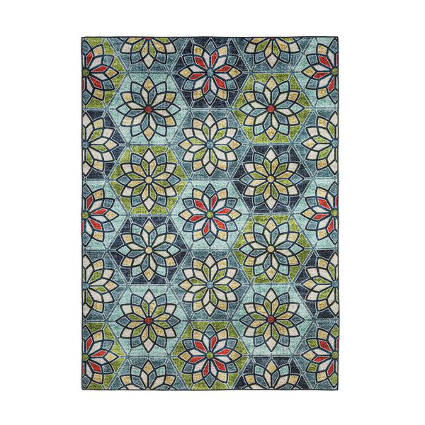 plow & hearth Indoor/Outdoor Machine Washable Green Kaleidoscope Printed Rug 5' x 7'