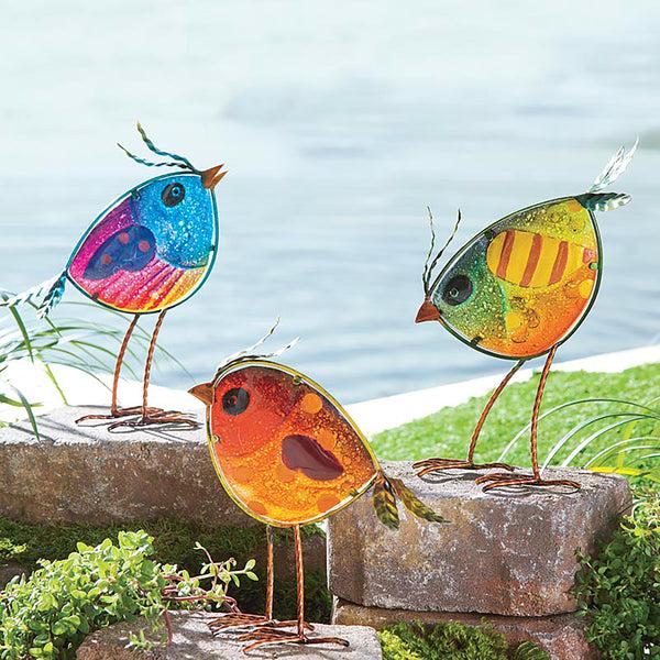 Plow & Hearth Indoor/Outdoor Metal And Colorful Iridescent Glass Bird Statues Set Of 3