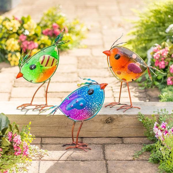 Plow & Hearth Indoor/Outdoor Metal And Colorful Iridescent Glass Bird Statues Set Of 3