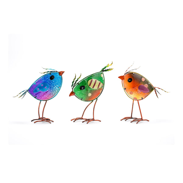 plow & hearth Indoor/Outdoor Metal and Colorful Iridescent Glass Bird Statues Set of 3