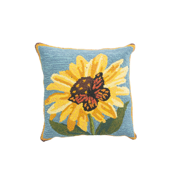 plow & hearth Indoor/Outdoor Sunflower and Butterfly Hooked Polypropylene Throw Pillow