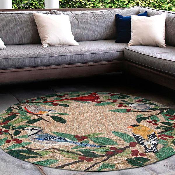 plow & hearth Indoor/Outdoor Synthetic Blend Birds Border Rug 36" Round
