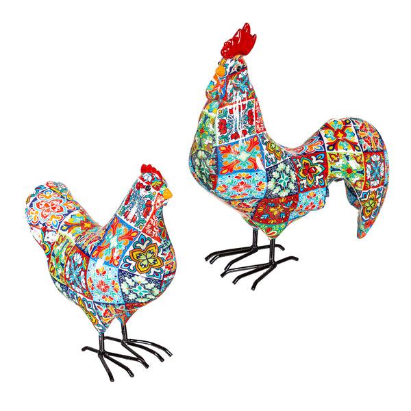 Plow & Hearth Indoor/Outdoor Tile-Inspired Rooster And Hen Statue Set