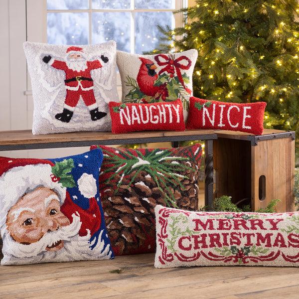 plow & hearth Jolly Santa Hand-Hooked Wool Throw Pillow