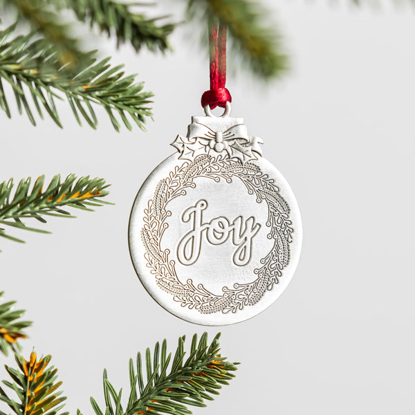 plow & hearth Joy Solid Pewter Christmas Tree Ornament