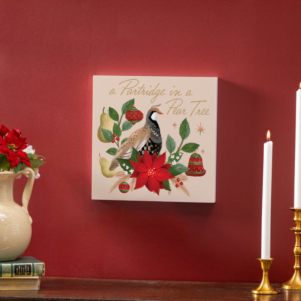 plow & hearth Joyful Traditions A Partridge in a Pear Tree Indoor Wall Décor 12"x12"