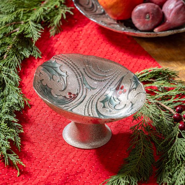 Plow & Hearth Joyful Traditions Bowl Glass Holly And Berries Footed Bowl 8.25"L